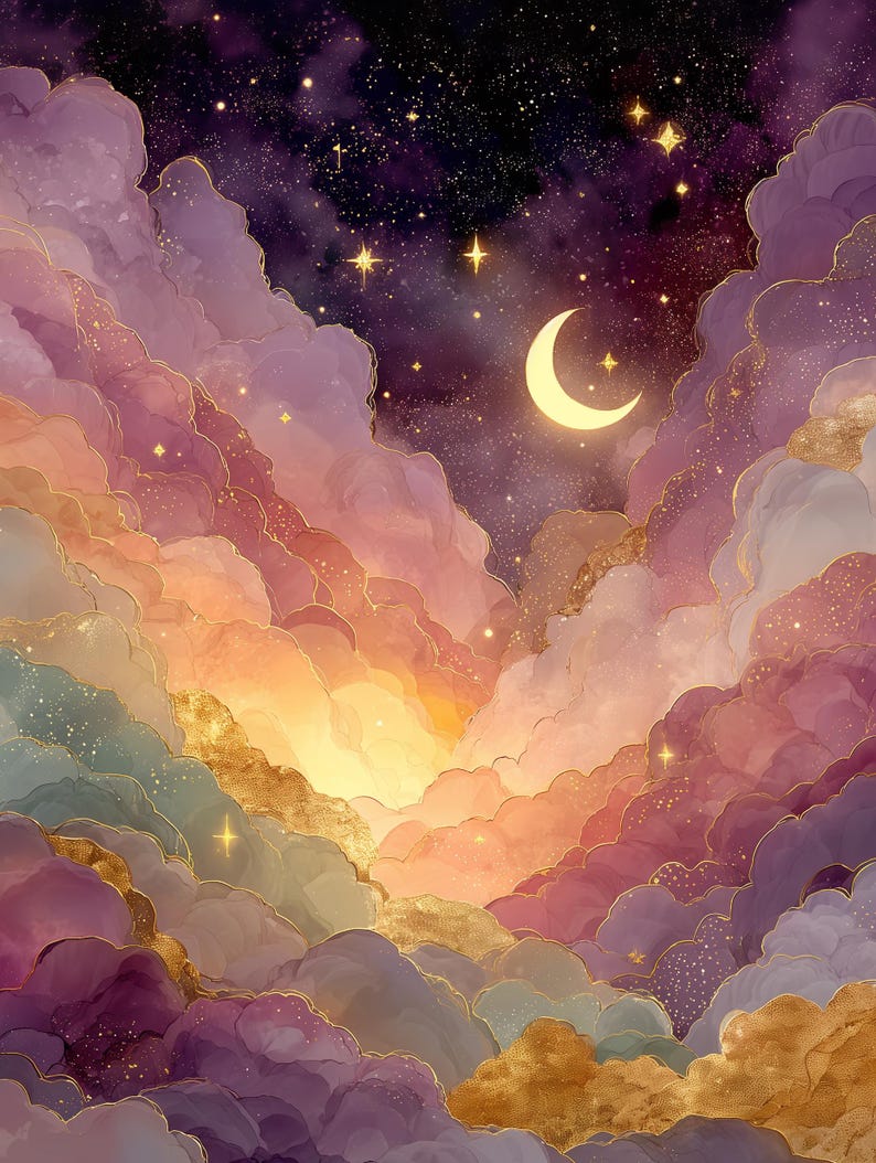 Puede incluir: Una ilustraci&oacute;n digital de un cielo nocturno con una luna creciente amarilla brillante y estrellas centelleantes sobre nubes de color violeta oscuro. Las nubes est&aacute;n superpuestas con suaves degradados de naranja y oro, creando un efecto luminoso.