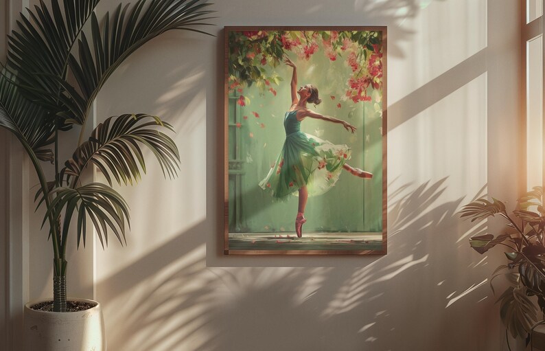Whimsical Ballerina Art Print: Green Dress, Floral Cascade image 7