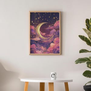 Celestial Dusty Pink Crescent Moon Art Print: Purple Gold Dreamy Night Sky Scene image 6