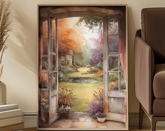 Autumn Garden View Print: Open Window, Cozy Cottage Art