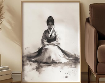 Korean Ink Portrait Art Print: Monochrome Traditional Hanbok Woman