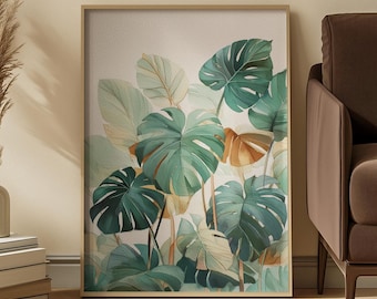 May include: A framed botanical print featuring large, green Monstera leaves with a watercolor effect. The leaves have a mix of green and yellow-brown hues, set against a neutral background. The frame is a light brown color.