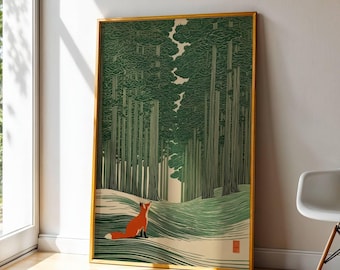 Grabado japonés en madera con la imagen de un zorro en el bosque: escena de un paisaje natural sereno y verde.