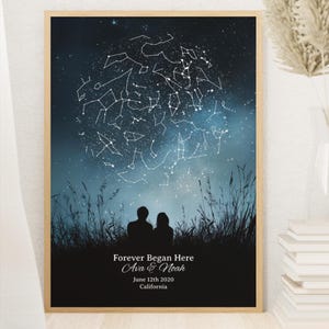 Può includere: Una stampa artistica da parete verticale incorniciata che raffigura un cielo notturno blu scuro pieno di costellazioni bianche sopra la sagoma di due persone sedute nell'erba alta. Il testo recita: Forever Began Here, Ava & Noah, June 12th 2020, California.
