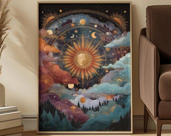 May include: A rectangular wall art print featuring a central golden sun surrounded by a circular celestial chart with moon phases and stars. The composition includes layered clouds in shades of blue, purple, and orange above a dark forest silhouette.