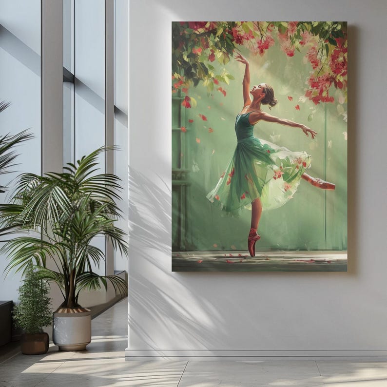 Whimsical Ballerina Art Print: Green Dress, Floral Cascade image 3