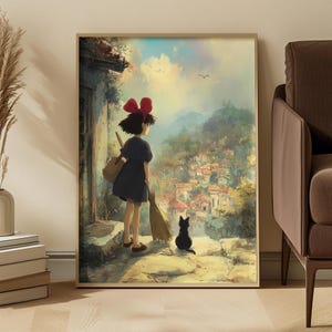 May include: A framed print of an anime scene. A young girl with a red bow stands with a broom and a black cat, overlooking a village. The artwork features a vibrant color palette with a focus on the landscape and the characters.