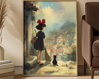 Kiki's Delivery Service Art Print: Studio Ghibli Anime Poster, Witch & Jiji Cat