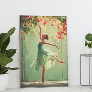 Whimsical Ballerina Art Print: Green Dress, Floral Cascade image 2