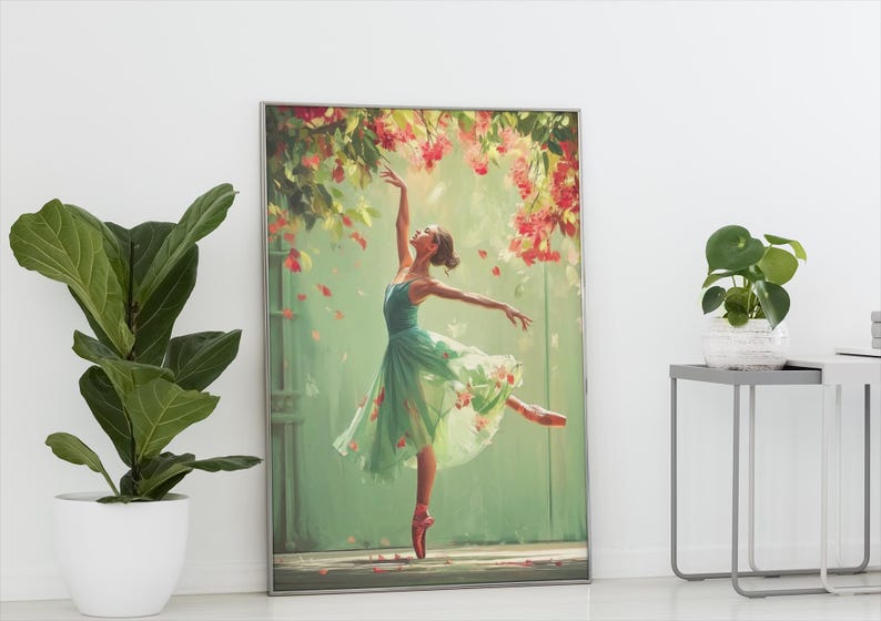 Whimsical Ballerina Art Print: Green Dress, Floral Cascade image 2