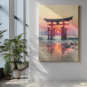 May include: A watercolor painting of a Japanese torii gate at sunset. The red gate stands in the water, with the sun setting in the background. The sky is a mix of orange, pink, and yellow hues, and the water reflects the colors of the sunset.