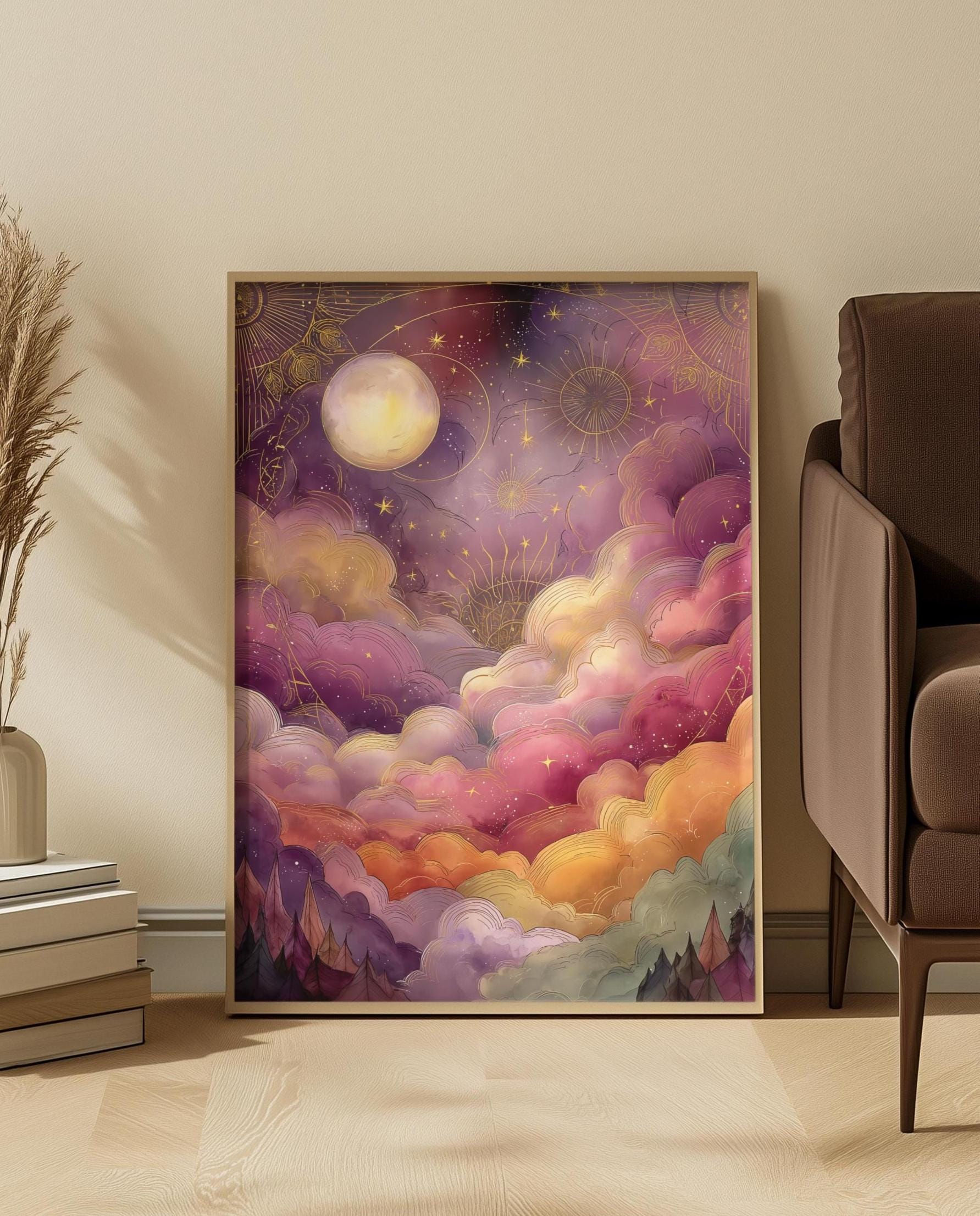 Celestial Moon Art Print: Gold Starry Sky, Pink Purple Clouds - Etsy