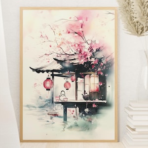 Arte de pared de casa de té con flores de cerezo para amantes del zen y entusiastas de Japón. Regalo relajante para la oficina en casa o el espacio de meditación.