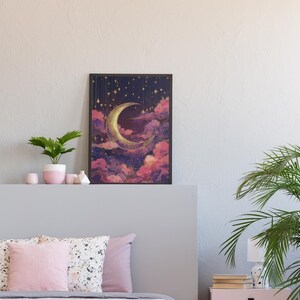 Celestial Dusty Pink Crescent Moon Art Print: Purple Gold Dreamy Night Sky Scene image 7