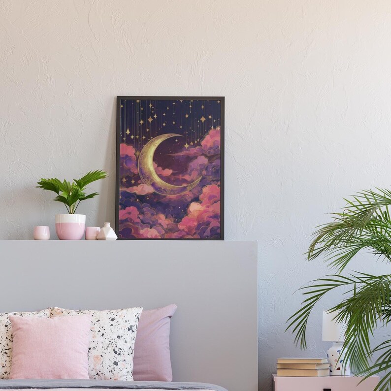 Celestial Dusty Pink Crescent Moon Art Print: Purple Gold Dreamy Night Sky Scene image 7