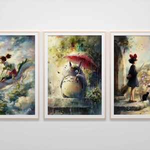 K&ouml;nnte beinhalten: Set aus drei gerahmten Kunstdrucken mit Szenen aus einem beliebten Animationsfilm. Der erste zeigt ein M&auml;dchen, das auf einer drachenartigen Kreatur am Himmel reitet. Der zweite zeigt eine gro&szlig;e, pelzige Kreatur unter einem Regenschirm.