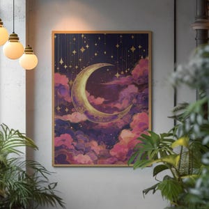 Celestial Dusty Pink Crescent Moon Art Print: Purple Gold Dreamy Night Sky Scene image 8