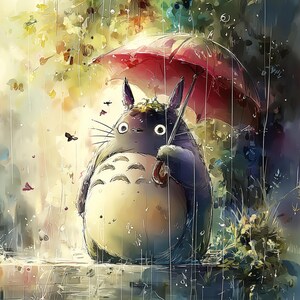 K&ouml;nnte beinhalten: Aquarellillustration einer gro&szlig;en, grauen, kaninchenartigen Kreatur, die einen roten Regenschirm im Regen h&auml;lt. Die Kreatur hat einen cremefarbenen Bauch und ist von Gr&uuml;n und fallenden Regentropfen umgeben. Das Kunstwerk hat eine weiche, vertr&auml;umte Qualit&auml;t.
