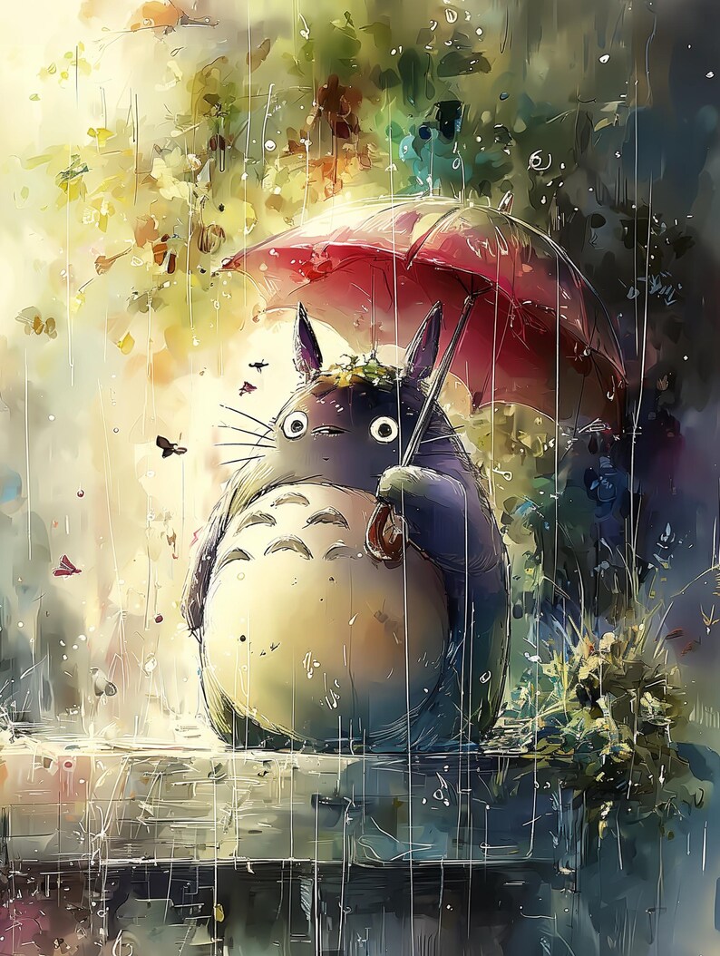 K&ouml;nnte beinhalten: Aquarellillustration einer gro&szlig;en, grauen, kaninchenartigen Kreatur, die einen roten Regenschirm im Regen h&auml;lt. Die Kreatur hat einen cremefarbenen Bauch und ist von Gr&uuml;n und fallenden Regentropfen umgeben. Das Kunstwerk hat eine weiche, vertr&auml;umte Qualit&auml;t.