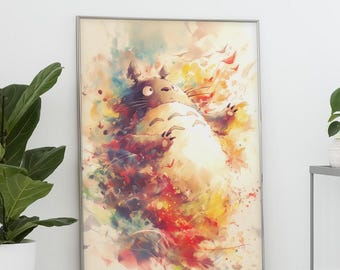 Abstract Totoro Watercolor Art Print: Whimsical Nursery Decor, Anime Poster