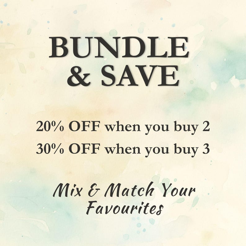 K&ouml;nnte beinhalten: Eine Werbegrafik mit dem Text "BUNDLE & SAVE" in fetten schwarzen Buchstaben. Darunter steht "20% Rabatt beim Kauf von 2" und "30% Rabatt beim Kauf von 3". Der Satz "Mix & Match Your Favourites" ist ebenfalls enthalten.