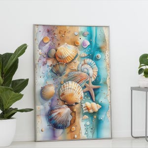 May include: A rectangular wall art print featuring a watercolour-style illustration of various seashells and a starfish scattered across a sandy beach shoreline. The composition blends shades of blue, turquoise, tan, and purple in a fluid design.