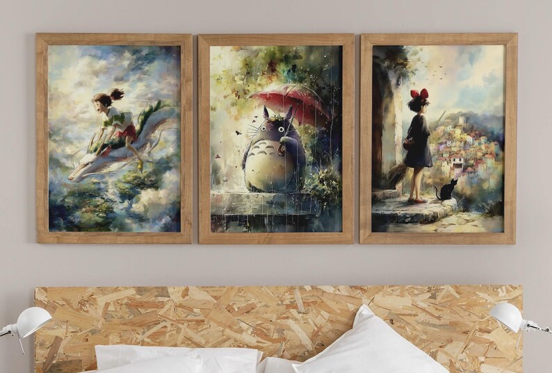 K&ouml;nnte beinhalten: Set aus drei gerahmten Kunstdrucken mit Aquarellillustrationen. Einer zeigt ein M&auml;dchen, das auf einem Drachen reitet, ein anderer ein gro&szlig;es Wesen mit einem Regenschirm und der dritte ein M&auml;dchen mit einer schwarzen Katze.