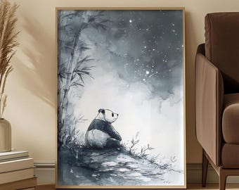 Ink Wash Panda Art Print: Blue Grey Tranquil Night Scene