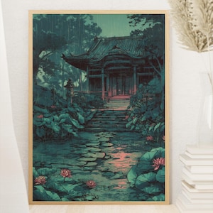 Japanese Temple Rain Art Print Tranquil Zen Garden Scene with Lotus Pond Peaceful Ink-Style Wall Decor for Home or Meditation