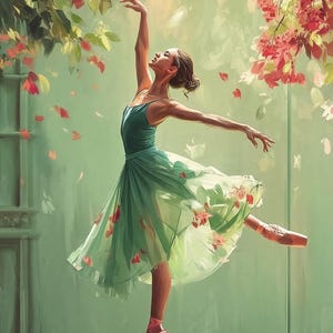 Whimsical Ballerina Art Print: Green Dress, Floral Cascade image 8