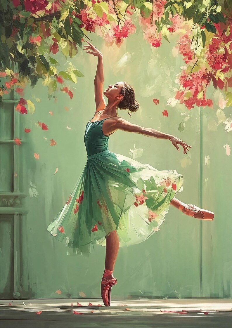 Whimsical Ballerina Art Print: Green Dress, Floral Cascade image 8