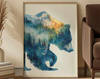 Double-Exposure Watercolor Bear Silhouette Art Print: Blue Forest Landscape