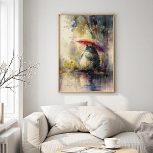 Colourful Totoro Rain Art Print Watercolour Poster for Nursery or Kids Room Whimsical Nature Anime Inspired Studio Ghibli Wall Decor image 3