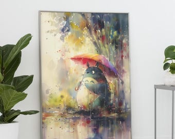 Colourful Totoro Rain Art Print Watercolour Poster for Nursery or Kids Room Whimsical Nature Anime Inspired Studio Ghibli Wall Decor