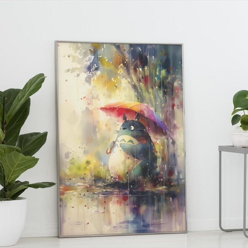 Colourful Totoro Rain Art Print Watercolour Poster for Nursery or Kids Room Whimsical Nature Anime Inspired Studio Ghibli Wall Decor image 1