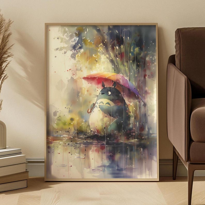 Colourful Totoro Rain Art Print Watercolour Poster for Nursery or Kids Room Whimsical Nature Anime Inspired Studio Ghibli Wall Decor image 2