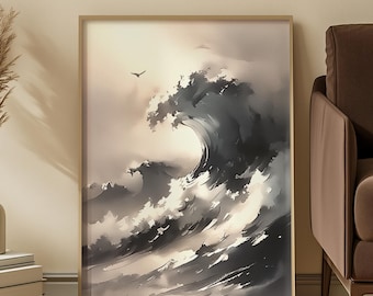 Puede incluir: Una impresión artística enmarcada que representa una ola dramática en tonos grises y blancos, con un pájaro volando en el cielo. La obra de arte tiene un efecto de acuarela, creando una sensación de movimiento y poder. El marco es de color madera clara.