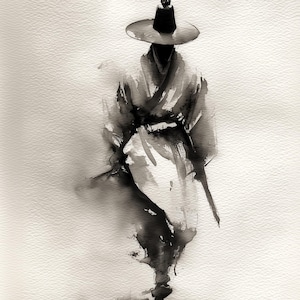 Pode incluir: Uma pintura a tinta preta e branca retratando uma figura usando um chap&eacute;u de aba larga e vestes tradicionais em camadas. A obra utiliza pinceladas fluidas e expressivas para criar movimento, com tons de tinta preta profunda que desaparecem no branco.