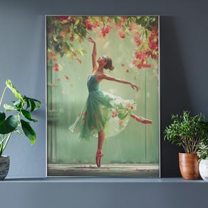 Whimsical Ballerina Art Print: Green Dress, Floral Cascade image 9