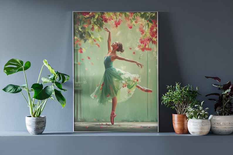 Whimsical Ballerina Art Print: Green Dress, Floral Cascade image 9
