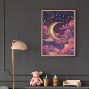 Celestial Dusty Pink Crescent Moon Art Print: Purple Gold Dreamy Night Sky Scene image 3