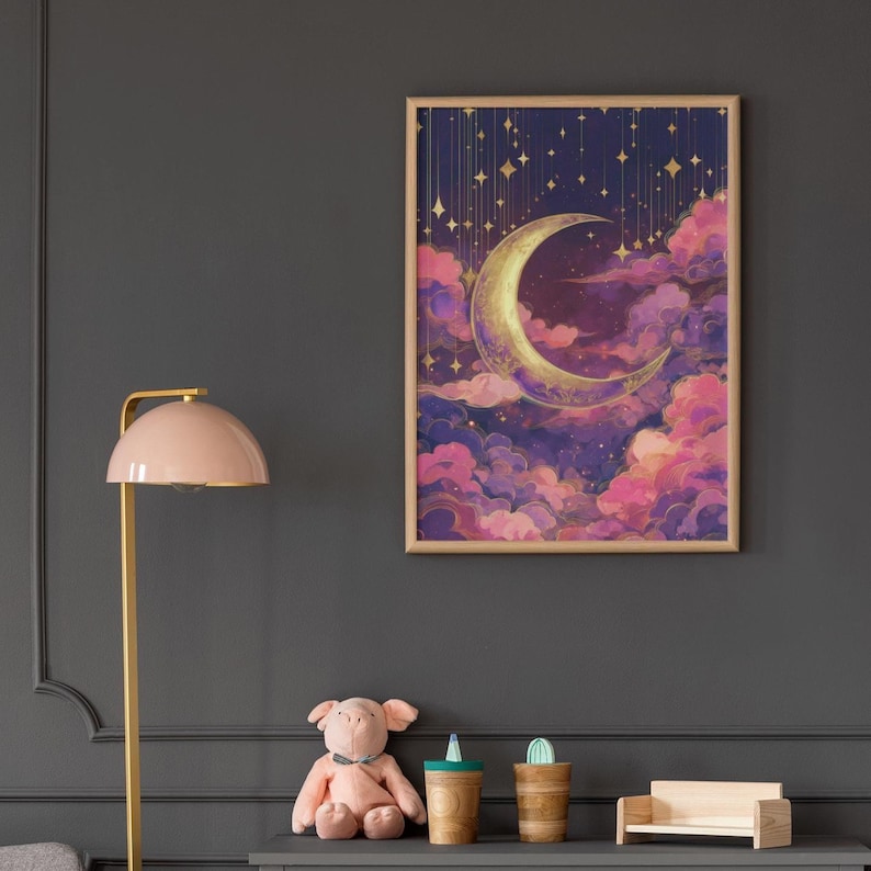 Celestial Dusty Pink Crescent Moon Art Print: Purple Gold Dreamy Night Sky Scene image 3