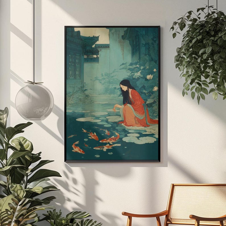 Chinese Woman Koi Pond Art Print, Asian Style Decor image 4