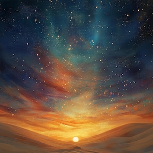 May include: An artistic depiction of a desert landscape at sunset. The sky transitions from deep blue to orange and yellow, with numerous stars scattered across the heavens. The foreground features rolling sand dunes.