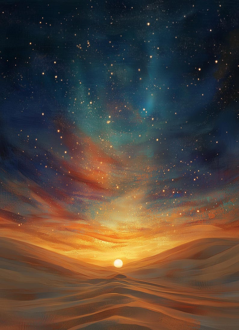 May include: An artistic depiction of a desert landscape at sunset. The sky transitions from deep blue to orange and yellow, with numerous stars scattered across the heavens. The foreground features rolling sand dunes.