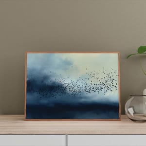 Abstract Ink Wash Crow Murmuration Art Print: Deep Blue Atmospheric Sky image 9