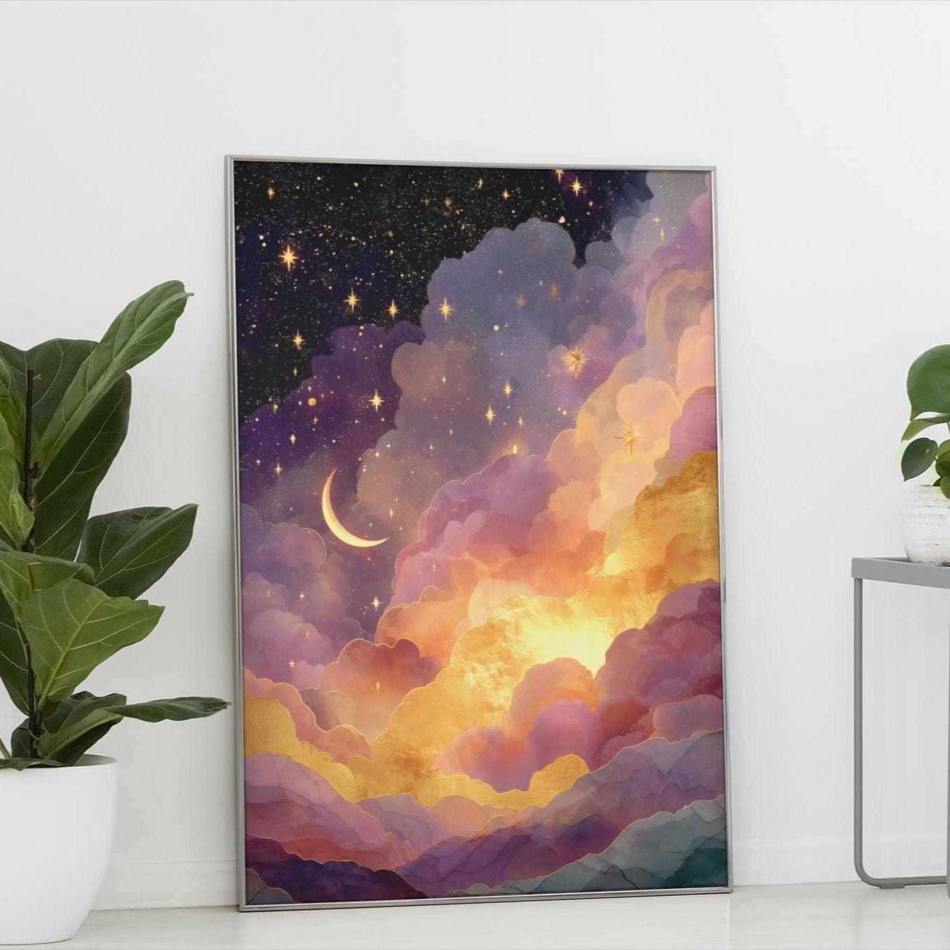celestial-art-print-gold-starry-night-crescent-moon-etsy
