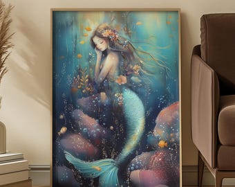 Fantasy Mermaid Art Print: Dreamy Teal Underwater Fairy Tale Portrait