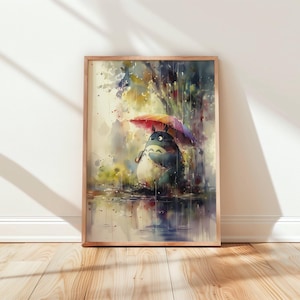 Colourful Totoro Rain Art Print Watercolour Poster for Nursery or Kids Room Whimsical Nature Anime Inspired Studio Ghibli Wall Decor image 7