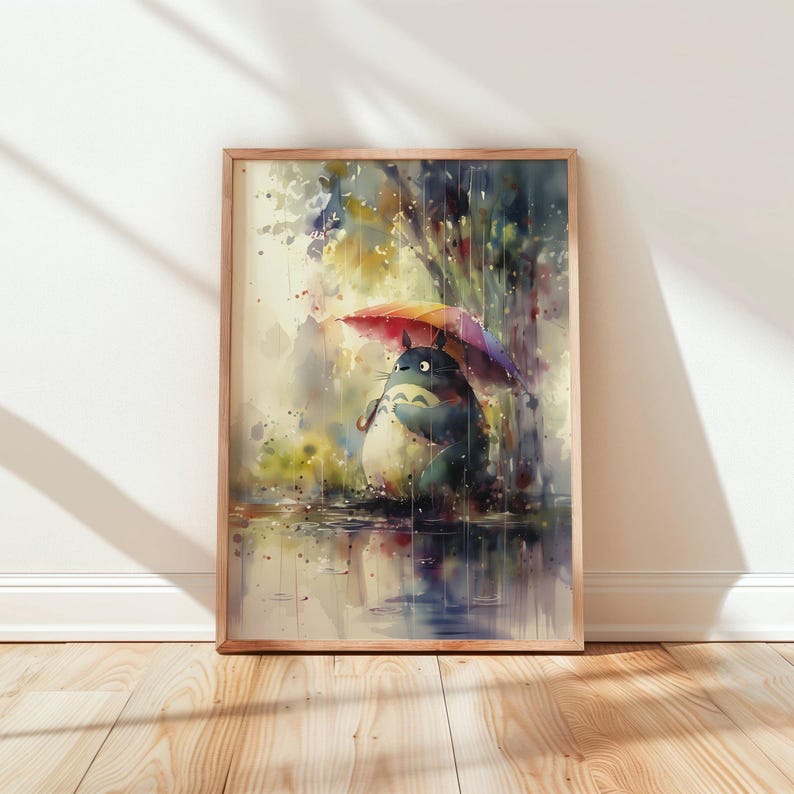 Colourful Totoro Rain Art Print Watercolour Poster for Nursery or Kids Room Whimsical Nature Anime Inspired Studio Ghibli Wall Decor image 7